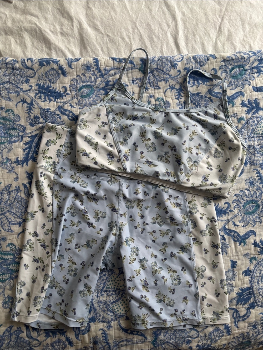 SAGE Light Blue Floral Crop Tank & Bike Shorts Set
